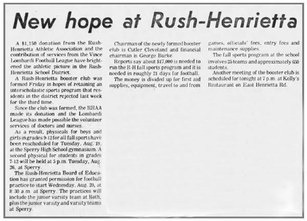 Newspaper article highlighting the formation of the sports boosters club